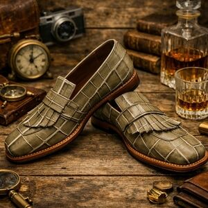 Grenson Olive Toned Crocodile Embossed Leather Tasseled Loafers/shoes. Mens 7